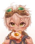  1boy ahoge artist_name bandaid bandaid_on_face bandaid_on_nose bangs bare_shoulders bennett_(genshin_impact) blush bread brown_shirt collared_shirt commentary egg english_commentary food food_in_mouth fried_egg fried_egg_on_toast genshin_impact goggles goggles_on_head green_eyes hair_between_eyes highres light_particles looking_at_viewer male_focus mouth_hold nightbawnana scar scar_on_arm shirt short_hair sidelocks simple_background sleeveless sleeveless_shirt solo toast twitter_username upper_body white_background white_hair wing_collar 