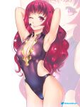  1girl alternate_costume bangs black_one-piece_swimsuit blush breasts cleavage etchimune facial_mark fire_emblem fire_emblem_engage hair_ornament large_breasts long_hair looking_at_viewer one-piece_swimsuit red_eyes red_hair simple_background smile solo star_(symbol) star_facial_mark star_hair_ornament swimsuit yunaka_(fire_emblem) 