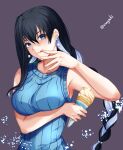  1girl aona_(anagasaki) arm_under_breasts armpits bangs black_hair blue_eyes blue_sweater breasts colored_inner_hair earrings finger_to_mouth grey_background hair_between_eyes hand_to_own_mouth highres holding_ice_cream ice_cream_cone jewelry kyokou_suiri large_breasts licking licking_finger long_hair looking_at_viewer multicolored_hair ribbed_sweater sleeveless sleeveless_sweater solo sweater tongue tongue_out twitter_username two-tone_hair upper_body very_long_hair white_hair yuki-onna_(kyokou_suiri) yuki_onna 