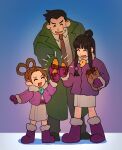  1boy 2girls :d ace_attorney bandaid bandaid_on_face bangs black_hair blunt_bangs blush boots brown_hair closed_eyes coat dick_gumshoe facial_hair food formal fur_trim hair_ornament half_updo happy highres holding holding_food jacket japanese_clothes kimono long_hair long_sleeves magatama mature_male maya_fey mittens multiple_girls necktie open_mouth parted_bangs pearl_fey roasted_sweet_potato shirt shooong short_hair short_kimono sidelocks smile standing stubble suit sweet_potato white_kimono winter_clothes 