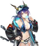  1girl arknights bag bangs bikini black_bikini black_jacket blue_hair breasts ch&#039;en_(arknights) ch&#039;en_the_holungday_(arknights) cleavage collarbone commentary cowboy_shot dragon_horns eyewear_on_head food_in_mouth hand_on_hip hat highres holding_ice_cream horns jacket jia_redian_ruzi_ruzi large_breasts linea_alba long_hair long_sleeves midriff navel off_shoulder official_alternate_costume open_clothes open_jacket red_eyes short_shorts shorts shoulder_bag sidelocks simple_background solo swimsuit sword weapon white_background white_headwear white_shorts 