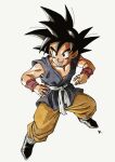  black_hair child dougi dragon_ball dragon_ball_gt fighting_stance highres kakeru_(dbskakeru) male_child obi open_mouth pants pectoral_cleavage pectorals sash smile son_goku spiked_hair tan toned toned_male wristband yellow_pants 