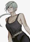  1girl bangs belt black_pants black_tank_top breasts chainsaw_man cleavage commentary eyepatch grey_hair highres long_hair looking_to_the_side medium_breasts pants ponytail quanxi_(chainsaw_man) shirt_tucked_in simple_background solo tank_top white_background yohohoi 