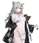  1girl animal_ears arknights arm_strap bangs bikini black_jacket black_nails chain collar commentary cowboy_shot fingerless_gloves gloves grey_collar grey_eyes grey_gloves grey_hair hair_between_eyes highres holding holding_chain jacket jia_redian_ruzi_ruzi keychain lappland_(arknights) linea_alba long_hair long_sleeves looking_at_viewer navel off_shoulder oripathy_lesion_(arknights) scar scar_across_eye simple_background smile solo stomach swimsuit thigh_strap white_background white_bikini wide_sleeves wolf_ears 