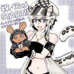  1girl :d animal_ears arknights armband bandeau cabbie_hat cliffheart_(arknights) commentary_request grey_eyes hat jacket leopard_ears leopard_tail looking_at_viewer midriff navel open_clothes open_jacket open_mouth sleeveless sleeveless_jacket smile solo stomach stuffed_animal stuffed_bunny stuffed_toy tail touno_(akarino) translation_request white_hair white_headwear 