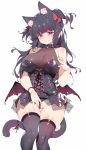  1girl \||/ absurdres animal_ear_fluff animal_ears avatar_(ff14) bangs bat_wings between_legs black_hair black_panties black_ribbon black_thighhighs blush breasts cat_ears cat_girl cat_tail cleavage closed_mouth corset covered_navel cowboy_shot facial_mark final_fantasy final_fantasy_xiv grey_eyes hair_ribbon hand_between_legs heart heart-shaped_pupils highres large_breasts lingerie long_hair looking_at_viewer low_wings miqo&#039;te mole mole_under_eye original panties partially_visible_vulva red_ribbon ribbon simple_background smile solo symbol-shaped_pupils tail tail_ornament tail_ribbon thigh_gap thighhighs thighs tongue tongue_out two_side_up underwear wedgie whisker_markings white_background wings zhazhapao 