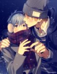  2boys bangs black_jacket blonde_hair blue_hair blush bonnet closed_eyes coat collared_shirt commentary_request earmuffs earrings fingernails hand_on_another&#039;s_shoulder holding holding_jewelry holding_ring hood hood_down hooded_jacket jacket jewelry kise_ryouta kuroko_no_basuke kuroko_tetsuya lapels layered_clothes lower_teeth_only male_focus mashima_shima multiple_boys notched_lapels open_mouth plaid plaid_scarf ring scarf shirt short_hair single_earring snow teeth twitter_username yaoi 