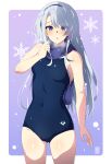  1girl alternate_costume ass_visible_through_thighs asymmetrical_bangs bangs blue_hairband border breasts cowboy_shot grey_hair hairband highres kantai_collection long_hair purple_background purple_eyes sagiri_(kancolle) scarf school_swimsuit sebunsu small_breasts snowing solo swept_bangs swimsuit white_border 