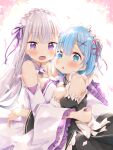  2girls :d :o bangs bare_shoulders black_ribbon blue_eyes blue_hair blush braid breast_press breasts crown_braid detached_sleeves dress elf emilia_(re:zero) floating_hair flower frilled_sleeves frills gem grey_hair hair_flower hair_ornament hair_ribbon highres hug large_breasts long_hair long_sleeves looking_at_viewer maid multiple_girls open_mouth petals pink_ribbon pointy_ears purple_eyes purple_ribbon re:zero_kara_hajimeru_isekai_seikatsu rem_(re:zero) ribbon rose roswaal_mansion_maid_uniform short_hair sidelocks smile tatsuyoshi_(zawahomura) white_dress white_flower white_rose wide_sleeves x_hair_ornament 