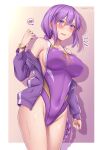  1girl braid commentary_request competition_swimsuit cowboy_shot highleg highleg_swimsuit highres jacket long_hair melty_blood multicolored_clothes multicolored_swimsuit one-piece_swimsuit open_clothes open_jacket purple_hair purple_jacket purple_one-piece_swimsuit single_braid sion_eltnam_atlasia solo soukitsu spoken_blush swimsuit tsukihime 