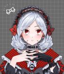  1girl black_gloves blush bow commentary_request diamond_earrings drill_hair earrings eas fresh_precure! gloves gothic_lolita grey_hair hair_bow headdress jewelry kb83ys lolita_fashion long_hair parted_lips precure red_eyes red_nails single_glove solo 