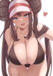  1girl absurdres alternate_breast_size bangs bare_shoulders bikini blue_eyes blush breast_focus breasts brown_hair cleavage close-up collarbone commentary double_bun english_commentary hair_bun hat highres huge_breasts long_hair looking_at_viewer mandytsune open_mouth pokemon pokemon_(game) pokemon_bw2 rosa_(pokemon) simple_background smile solo swimsuit thick_thighs thigh_gap thighs twintails upper_body very_long_hair visor_cap white_background 