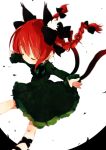  1girl animal_ear_fluff animal_ears black_bow bow braid cat_ears cat_tail closed_eyes dress eyelashes hair_between_eyes hisaboden kaenbyou_rin long_hair multiple_tails outstretched_arms red_hair simple_background smile solo spread_arms tail touhou two_tails 