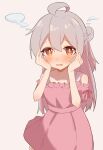  1girl absurdres ahoge bangs bare_arms bare_shoulders blush brown_eyes commentary_request dress embarrassed grey_background grey_hair hair_between_eyes half_updo hands_on_own_cheeks hands_on_own_face highres long_hair looking_at_viewer nekomotowata off-shoulder_dress off_shoulder onii-chan_wa_oshimai! open_mouth oyama_mahiro pink_dress simple_background solo steam 
