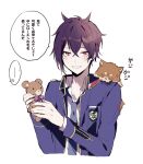  1boy blazer blue_jacket blue_necktie brown_eyes collared_shirt dance_with_devils dog jacket long_sleeves looking_at_viewer male_focus natsumezaka_shiki necktie purple_hair shirt short_hair skunlv solo stuffed_animal stuffed_toy teddy_bear translation_request white_background white_shirt 