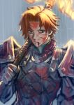  1boy :/ armor blood blood_from_mouth blood_in_hair blood_on_clothes blood_on_face breastplate brown_eyes closed_mouth cuts fire_emblem fire_emblem:_three_houses hair_intakes hand_up high_collar highres holding holding_polearm holding_weapon injury lance_of_ruin liondance_0220 looking_to_the_side male_focus orange_hair over_shoulder polearm rain short_hair shoulder_armor solo sylvain_jose_gautier upper_body weapon weapon_over_shoulder 