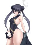  1girl aster_crowley bangs bare_arms bare_shoulders black_dress black_gloves black_hair blue_archive blush breasts china_dress chinese_clothes double_bun dragon_print dress gloves hair_bun halo highres kisaki_(blue_archive) long_hair looking_at_viewer medium_breasts open_mouth sideboob simple_background thighs twintails white_background 