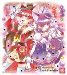  2girls animal_ears cat_ears cat_girl cat_tail choker cure_chocolat cure_macaron dog_ears dog_girl dog_tail gloves hat highres holding_hands kenjou_akira kirakira_precure_a_la_mode kotozume_yukari long_hair magical_girl multiple_girls official_art pouch precure puffy_short_sleeves puffy_sleeves purple_choker purple_eyes purple_hair red_eyes red_hair short_sleeves tail third-party_source top_hat white_gloves 