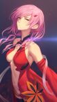  1girl armpits bangs bare_shoulders black_thighhighs breasts center_opening cleavage detached_sleeves elbow_gloves gloves guilty_crown hair_ornament hairclip highres long_hair looking_at_viewer medium_breasts miura-n315 navel open_mouth parted_lips pink_eyes pink_hair red_eyes solo thighhighs twintails wavy_hair yuzuriha_inori 