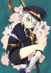  1boy :p black_shorts flower garter_straps green_eyes hat highres hisaboden holding holding_sword holding_weapon hotarumaru legwear_garter military military_hat military_uniform object_hug short_hair shorts socks solo sword tongue tongue_out touken_ranbu uniform weapon white_hair white_socks 