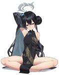  1girl absurdres alternate_eye_color arm_up bare_shoulders barefoot black_dress black_eyes black_hair blue_archive blush breasts butterfly_hair_ornament china_dress chinese_clothes clothes_down coat double_bun dragon_print dress eungi expressionless full_body grey_coat hair_bun hair_ornament halo highres kisaki_(blue_archive) legs long_hair looking_at_viewer lotus_position nail_polish open_clothes open_coat pelvic_curtain pinstripe_pattern print_dress side_slit simple_background sitting sleeveless sleeveless_dress small_breasts solo straight-on striped striped_coat toenail_polish toenails toes twintails vertical-striped_coat white_background 