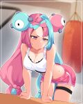  1girl absurdres alternate_costume annoyed aqua_hair arm_support artist_name breasts character_hair_ornament cleavage collarbone crop_top dolphin_shorts hair_ornament highres iono_(pokemon) midriff multicolored_hair navel pink_eyes pink_hair pokemon pokemon_(game) pokemon_sv punching_bag shorts sweat thigh_strap twintails two-tone_hair v-shaped_eyebrows weiic 