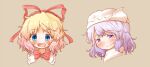  2girls arinu bangs blonde_hair blue_eyes blush bow brown_background closed_mouth commentary_request hair_between_eyes hair_ribbon hat letty_whiterock light_purple_hair medicine_melancholy multiple_girls open_mouth portrait red_bow red_ribbon ribbon short_hair simple_background smile touhou white_headwear 