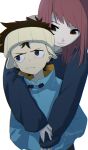  1boy 1girl age_difference artist_name bearkithi blue_eyes closed_mouth flcl highres hug hug_from_behind nandaba_naota red_hair samejima_mamimi simple_background size_difference twitter_username white_background 