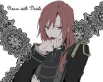  1boy black_nails blood blood_on_hands brown_eyes copyright_name dance_with_devils jek_(dance_with_devils) long_hair long_sleeves low_ponytail male_focus open_mouth red_hair skunlv solo vampire white_background 