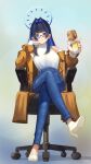  1girl absurdres bangs blue_eyes blue_hair chair crossed_legs denim food full_body glasses hair_intakes highres hololive hololive_english jeans long_hair long_sleeves looking_at_viewer ouro_kronii pants sandwich shirt sitting solo tenescross virtual_youtuber white_shirt 