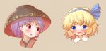  2girls alice_margatroid alice_margatroid_(pc-98) arinu bangs black_headwear blonde_hair blue_eyes blue_hairband blush bowl bowl_hat brown_background commentary_request hairband hat multiple_girls open_mouth portrait purple_hair red_eyes short_hair simple_background sukuna_shinmyoumaru touhou touhou_(pc-98) 