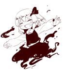  1girl arinu bangs blush closed_eyes collared_shirt commentary fang greyscale hair_between_eyes hair_ribbon long_sleeves monochrome open_mouth outstretched_arms ribbon rumia shirt short_hair simple_background skin_fang skirt smile solo spread_arms touhou upper_body vest white_background 