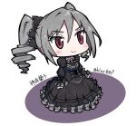  1girl bangs black_bow black_dress blush bow character_name chibi circle closed_mouth commentary dress drill_hair frilled_bow frilled_dress frills full_body gothic_lolita grey_dress grey_hair hair_between_eyes hair_bow hair_ornament idolmaster idolmaster_cinderella_girls kanzaki_ranko lolita_fashion long_dress long_sleeves looking_ahead oofushi_ao red_eyes simple_background sleeves_past_wrists smile solo standing tsurime twintails two-tone_dress white_background 