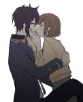  1boy 1girl blazer blue_jacket blush brown_eyes brown_hair brown_sweater closed_eyes dance_with_devils facing_another french_kiss hetero jacket kiss long_sleeves natsumezaka_shiki purple_hair short_hair skunlv sweater tachibana_ritsuka tongue tongue_out 