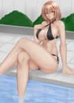  1girl absurdres alternate_costume azur_lane bikini black_bikini breasts brown_hair commentary criss-cross_halter english_commentary feet_out_of_frame hair_between_eyes halterneck highres large_breasts looking_away medium_hair poolside red_eyes roon_(azur_lane) sacrokies side-tie_bikini_bottom sitting solo swimsuit wading water yellow_eyes 