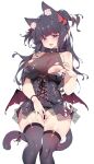  1girl \||/ absurdres animal_ear_fluff animal_ears avatar_(ff14) bangs bar_censor bat_wings between_legs black_hair black_panties black_ribbon black_thighhighs blush breasts cat_ears cat_girl cat_tail censored cleavage clothing_aside corset covered_navel cowboy_shot facial_mark final_fantasy final_fantasy_xiv grey_eyes hair_ribbon hand_between_legs heart heart-shaped_pupils highres large_breasts lingerie long_hair looking_at_viewer low_wings miqo&#039;te mole mole_under_eye nipples one_breast_out open_mouth original panties panties_aside pussy pussy_juice red_ribbon ribbon simple_background solo symbol-shaped_pupils tail tail_ornament tail_ribbon thigh_gap thighhighs thighs tongue tongue_out torn_clothes two_side_up underwear wedgie whisker_markings white_background wings zhazhapao 