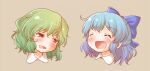  2girls arinu bangs blue_bow blue_hair blush bow brown_background cirno closed_eyes commentary_request green_hair hair_between_eyes hair_bow kazami_yuuka multiple_girls open_mouth portrait red_eyes short_hair simple_background smile touhou 