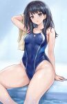  1girl arm_up bangs black_hair blue_eyes blue_one-piece_swimsuit breasts commentary_request competition_swimsuit drying drying_hair gridman_universe groin highleg highleg_swimsuit highres holding holding_towel looking_at_viewer one-piece_swimsuit parted_lips r-binon revision sitting small_breasts solo ssss.gridman swimsuit takarada_rikka thighs towel wet wet_hair 
