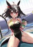  1girl animal_ears black_hair black_one-piece_swimsuit bob_cut breasts cleavage commentary_request competition_swimsuit cowboy_shot highres horse_ears horse_girl horse_tail kitasan_black_(umamusume) large_breasts medium_hair multicolored_hair one-piece_swimsuit pool_ladder red_eyes red_ribbon ribbon solo swimsuit tail tumbler two-tone_hair umamusume wanderlucia 