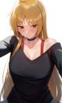  1girl absurdres ahoge bangs bare_shoulders black_choker black_shirt blonde_hair blush bocchi_the_rock! breasts choker cleavage collarbone highres ijichi_seika large_breasts long_hair long_sleeves looking_at_viewer red_eyes rororo shirt solo 