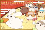  ? abbey_(pui_pui_molcar) animal_focus border carrot character_request check_character checkered_background chinese_zodiac choco_(pui_pui_molcar) closed_mouth commentary_request drooling earrings egasumi flower food food_in_mouth full_body green_flower guinea_pig highres jewelry kani_aruki_(aruki_kanikani) molcar mouth_hold no_humans open_mouth outside_border peter_(pui_pui_molcar) potato_(pui_pui_molcar) pui_pui_molcar rabbit red_background rose_(pui_pui_molcar) seigaiha shiromo_(pui_pui_molcar) sparkle speech_bubble spoken_question_mark sweatdrop teddy_(pui_pui_molcar) translation_request year_of_the_rabbit yellow_background yellow_border 