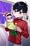  2boys bangs bell black_eyes black_hair blush book bright_pupils christmas christmas_stocking christmas_sweater christmas_tree_print commentary_request fur-trimmed_headwear fur_trim hair_between_eyes hands_up hat holding holding_bell indoors long_sleeves male_focus miniboy multiple_boys omori omori_(omori) parted_lips planet plant pom_pom_(clothes) potted_plant red_headwear red_sweater ribbed_sweater santa_hat short_hair sky something_(omori) standing star_(sky) starry_sky sunny_(omori) sweater tearing_up white_pupils window yutsu 