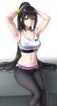  1girl adjusting_hair armpits arms_up bare_shoulders black_hair black_pants blue_archive breasts choker closed_mouth clothes_writing collarbone commentary floral_print flower hair_flower hair_ornament hair_scrunchie high_ponytail highres large_breasts long_hair looking_at_viewer navel pants purple_eyes purple_scrunchie scrunchie simple_background sitting sketch solo sports_bra sportswear sumire_(blue_archive) tsukumo_momo very_long_hair white_background white_sports_bra yoga_pants 