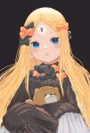  1girl abigail_williams_(fate) absurdres bangs blonde_hair bow fate/grand_order fate_(series) hair_bow highres keyhole long_hair open_mouth parted_bangs purple_background simple_background sleeves_past_wrists solo stuffed_animal stuffed_toy teddy_bear zhouqinguaishou 