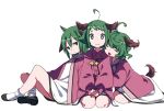  3girls ahoge animal_ears bangs black_footwear closed_eyes closed_mouth dog_ears dog_tail dress full_body green_eyes green_hair hair_between_eyes kasodani_kyouko long_sleeves multiple_girls multiple_persona namauni open_mouth pink_dress shoes short_hair simple_background smile socks tail touhou white_background white_socks 