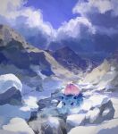  claws closed_mouth cloud commentary_request day fangs fangs_out highres ivysaur looking_down mountain no_humans outdoors penurodae pokemon pokemon_(creature) red_eyes sky snow solo 