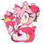  1girl amy_rose animal_ears animal_nose bare_shoulders blush bouquet bracelet breasts commentary eyelashes flower gloves gold_bracelet green_eyes green_hairband hairband hands_up hedgehog_ears hedgehog_girl highres holding holding_bouquet hood hoodie jewelry leaf long_sleeves looking_to_the_side medium_breasts off_shoulder open_clothes open_hoodie open_mouth orange_flower pink_flower pink_fur pink_hoodie pink_rose puffy_long_sleeves puffy_sleeves purple_flower rose shirt simple_background sleeveless sleeveless_shirt solo sonic_(series) symbol-only_commentary t-shirt tulip turtleneck upper_body weon1119 white_background white_gloves white_shirt 