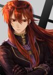  1boy bangs crossed_arms drop_shadow ear_piercing fire_emblem fire_emblem:_mystery_of_the_emblem frown hair_between_eyes highres liondance_0220 long_hair long_sleeves male_focus michalis_(fire_emblem) piercing purple_scarf red_eyes red_hair scarf sleeve_cuffs solo upper_body 