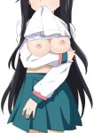  1girl a_channel arm_under_breasts black_hair blurry bra bra_lift breasts breasts_out cleavage clothes_lift green_skirt head_out_of_frame highres large_breasts morisobo mouth_hold nipples nishi_yuuko school_uniform shirt_lift simple_background skirt solo underwear white_background white_bra 