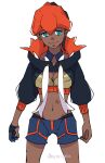  1girl black_hair black_hoodie blue_shorts breasts cleavage commentary_request cowboy_shot cropped_hoodie dark-skinned_female dark-skinned_male dark_skin earrings genderswap genderswap_(mtf) gloves headband hood hoodie jewelry navel nyoripoke orange_headband partially_fingerless_gloves pokemon pokemon_(game) pokemon_swsh raihan_(pokemon) short_hair shorts simple_background single_glove solo twitter_username undercut watermark white_background 